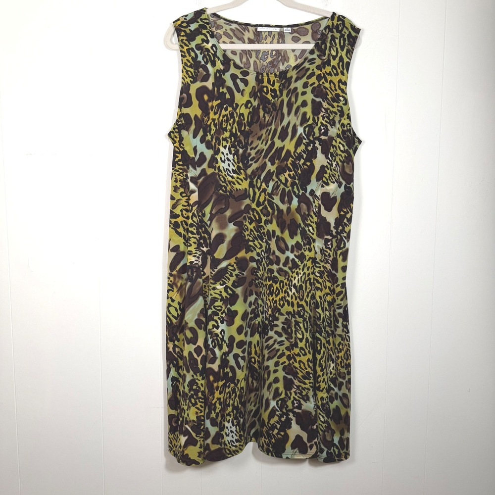 Susan Graver Liquid Knit Leopard Print Dress Sleeveless Green Brown 1X A221423